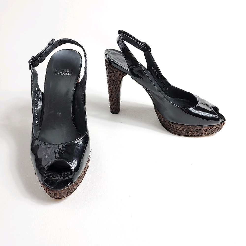 Stuart Weitzman Black Patent Leather & Rattan Heel